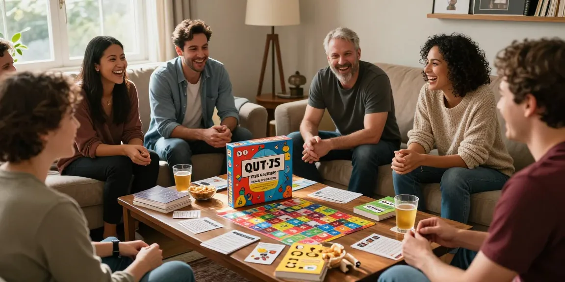 Spaßiges Quiz Allgemeinwissen mit einer Gruppe von Freunden bei Snacks und Getränken in einem gemütlichen Wohnzimmer