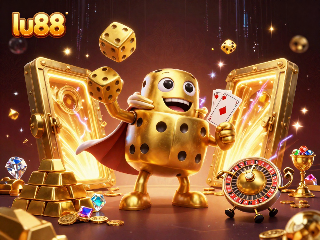 lu88 casino offers a vibrant 3D illustration of a whimsical golden dice golem in a luxurious gambling scene.
