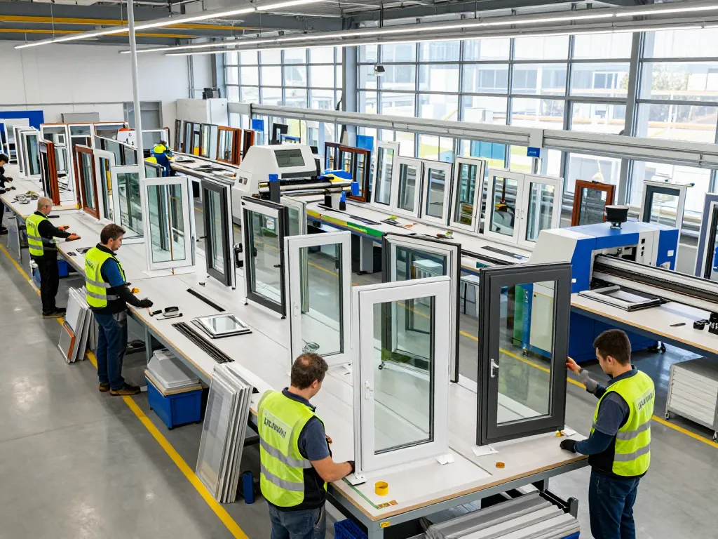 Fachkräfte in einem Fensterbau-Betrieb, die energieeffiziente Fenster mit fortschrittlicher Technologie montieren.