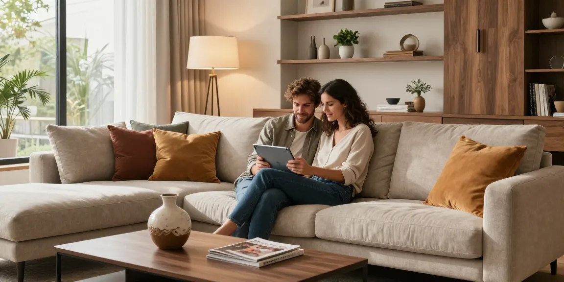 Erleben Sie stylisches Einkaufen für Ihr Zuhause mit Möbel Online Kaufen, während ein Paar in einem modernen Wohnzimmer Sofas durchstöbert.