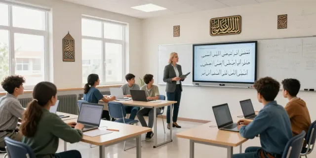 Arabisch lernen in Marokko in einem modernen Klassenzimmer mit interaktiven Lehrmethoden und kulturellem Ambiente.