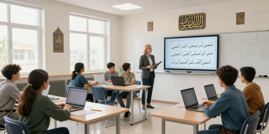 Arabisch lernen in Marokko in einem modernen Klassenzimmer mit interaktiven Lehrmethoden und kulturellem Ambiente.