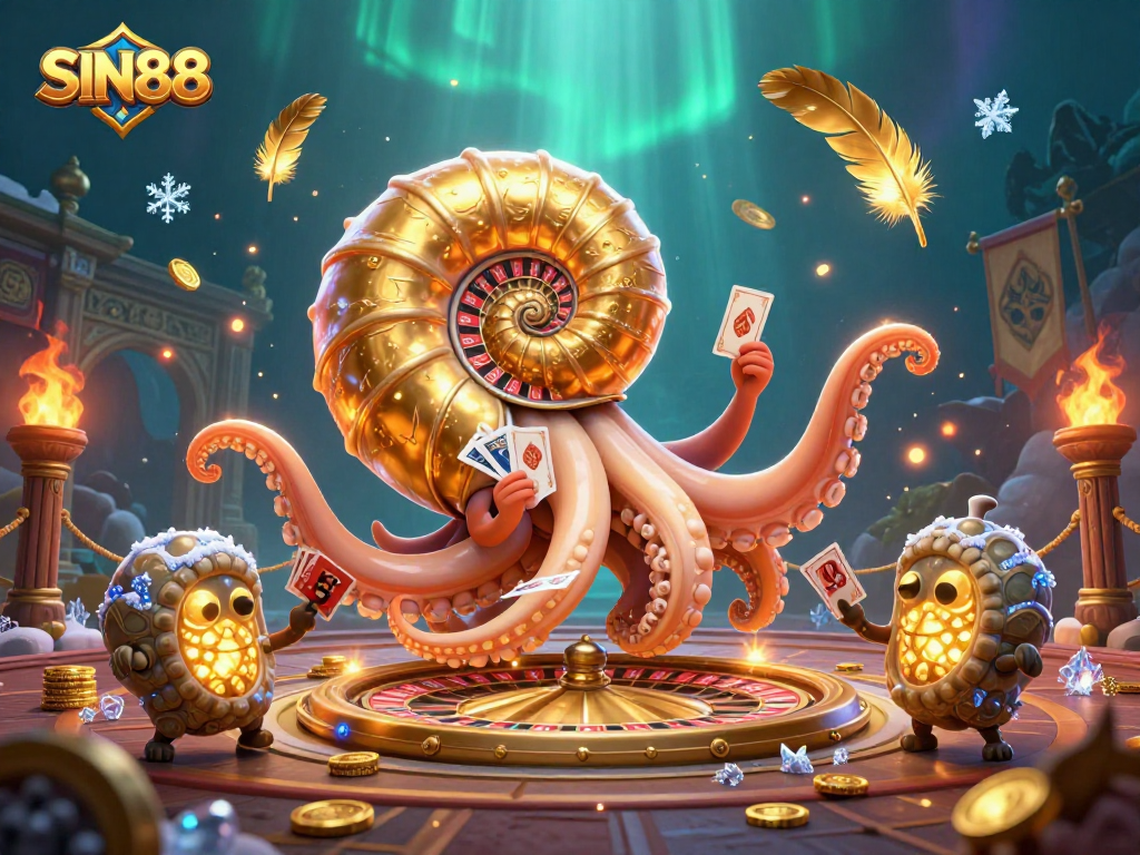 SIN88 showcases a vibrant 3D nautilus roulette wheel surrounded by glowing ammonite companions and casino elements.