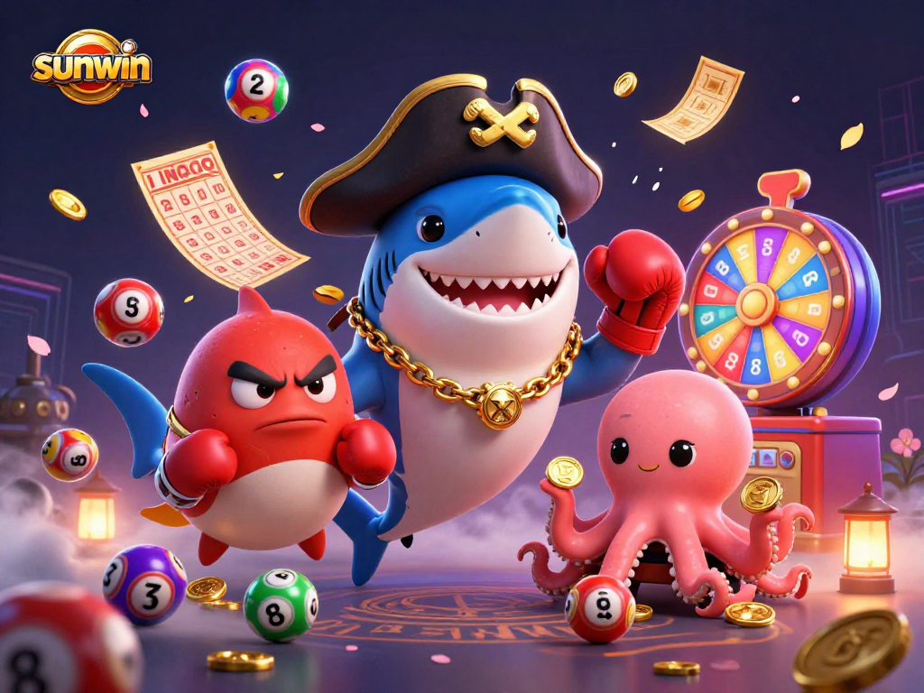 Join the excitement with sunwin at this vibrant 3D casino scene featuring lottery balls, golden coins, and animated characters.