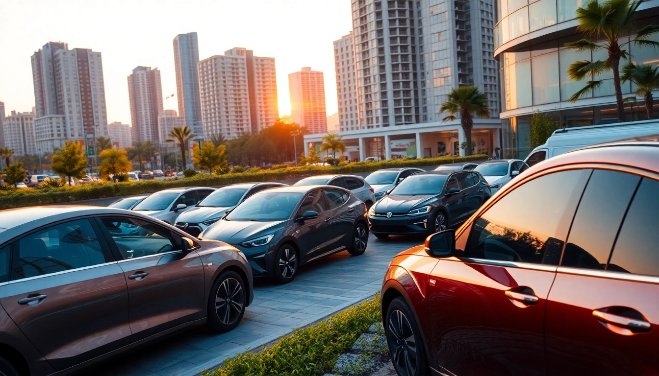 Elektroautos in einer modernen Stadtlandschaft bei Sonnenuntergang, umgeben von Natur.