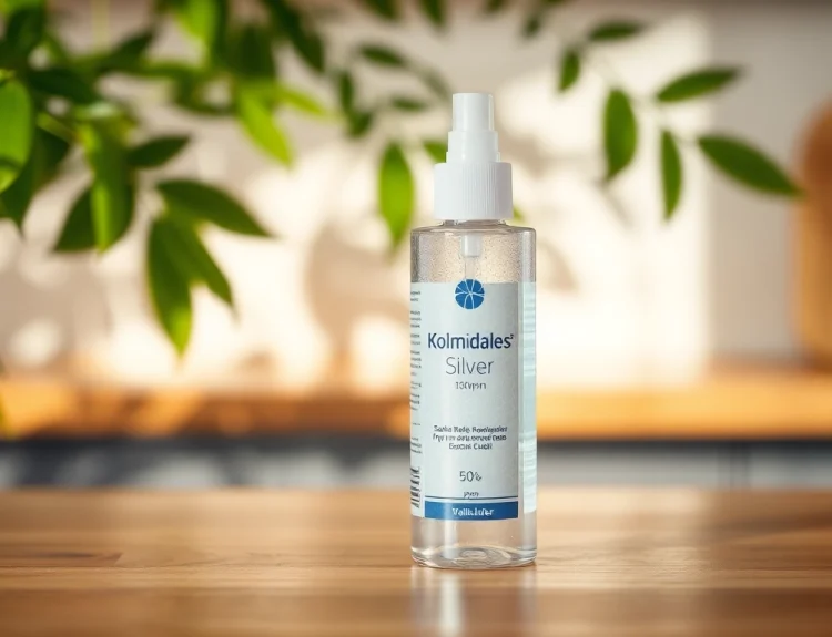 Kolloidales Silber 150 ppm sparkling in a sleek bottle surrounded by leaves.