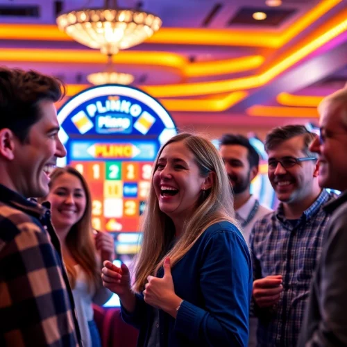 Entdecken Sie aufregende Plinko Erfahrungen in einem belebten Casino mit Spielern an einem attraktiven Spielautomaten.