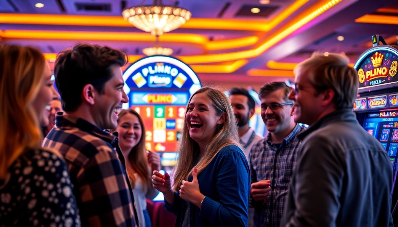 Entdecken Sie aufregende Plinko Erfahrungen in einem belebten Casino mit Spielern an einem attraktiven Spielautomaten.