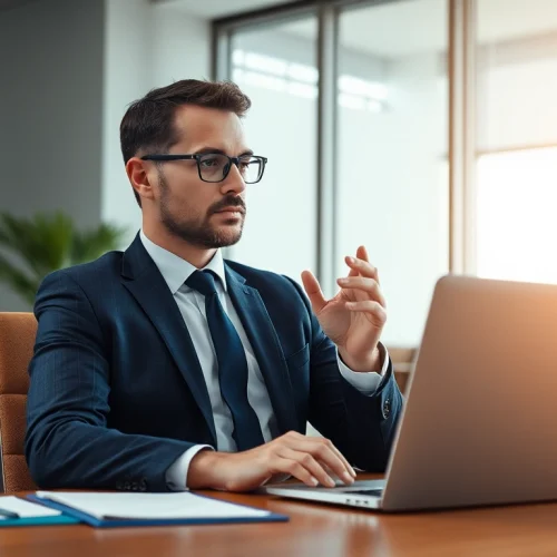 Headhunter bei der Arbeit in einem modernen Büro, nachdenklich am Laptop.