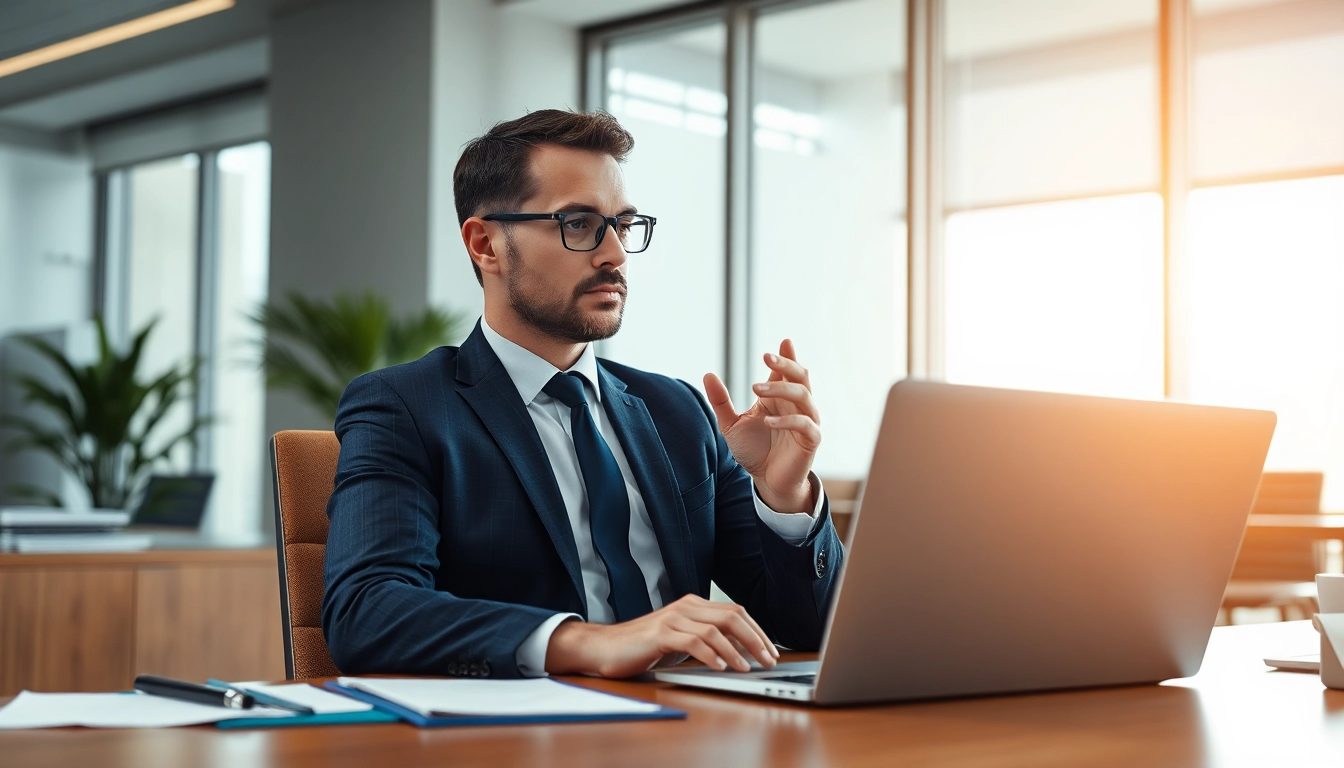 Headhunter bei der Arbeit in einem modernen Büro, nachdenklich am Laptop.