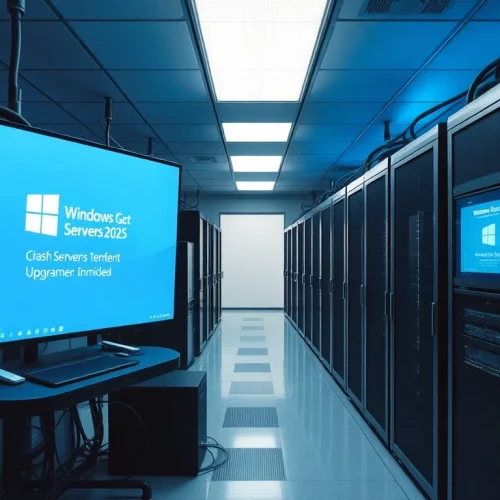 Demonstrate the Windows Server 2025 Upgrade process in a modern server room with high-tech equipment.