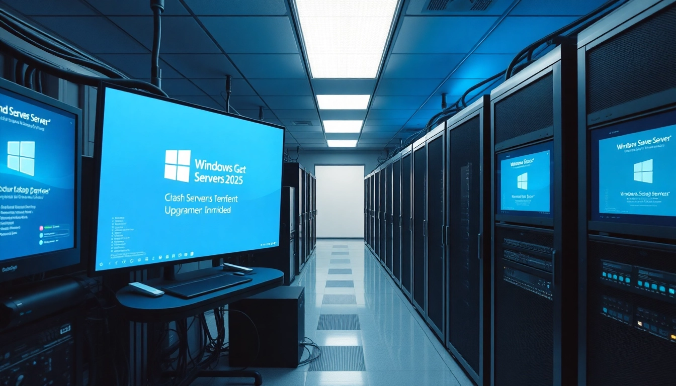 Demonstrate the Windows Server 2025 Upgrade process in a modern server room with high-tech equipment.