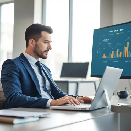 Headhunter Sales: Ein professioneller Headhunter arbeitet konzentriert in einem modernen Büro.