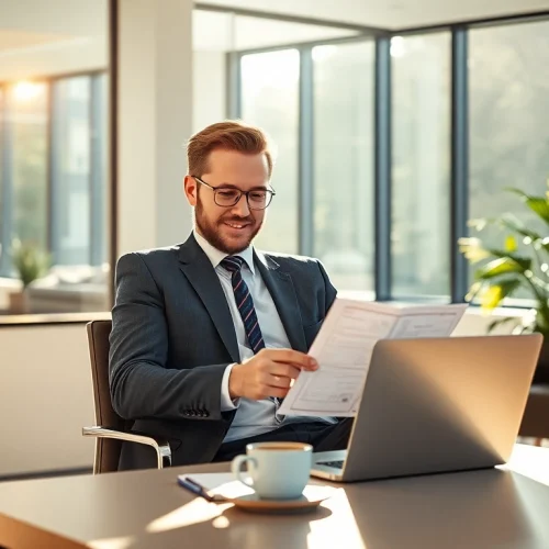 Headhunter Mühlheim analysiert Bewerbungsunterlagen in modernem Büro.