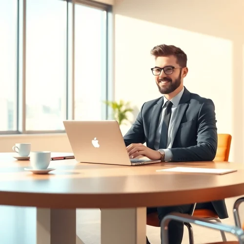Professioneller Headhunter Essen arbeitet am Tisch im Büro.
