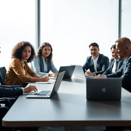 Professionelles Team von Headhunter Wolfsburg arbeitet an Rekrutierungsstrategien in einem modernen Büro.