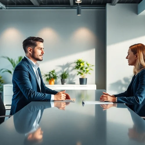 Professioneller Headhunter Leverkusen führt ein Interview mit Kandidat im eleganten Büro.
