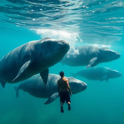 Tauchen Bullenhaie: Ein Taucher erkundet majestätische Bullenhaie in kristallklarem Wasser.