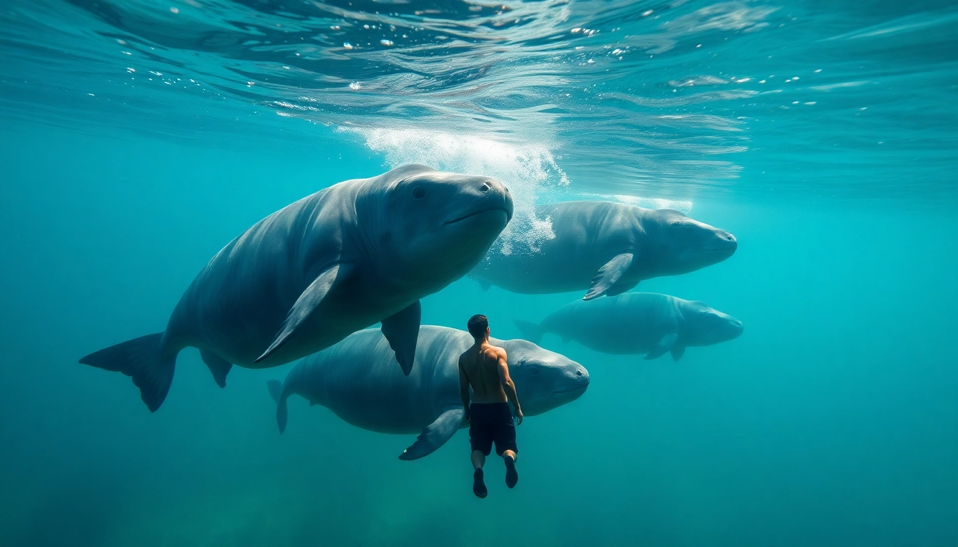 Tauchen Bullenhaie: Ein Taucher erkundet majestätische Bullenhaie in kristallklarem Wasser.