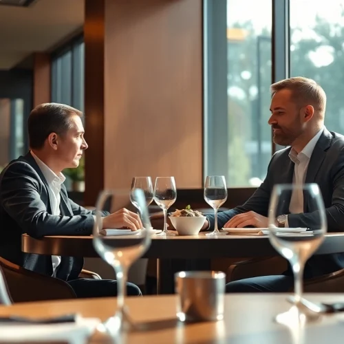 Headhunter Gastronomie im Gespräch mit Bewerber in eleganter Restaurantatmosphäre.