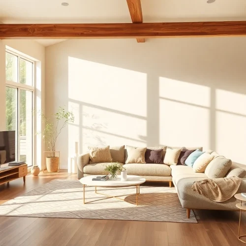 Moderne Raumgestaltung in einem hellen und einladenden Wohnzimmer mit großen Fenstern.