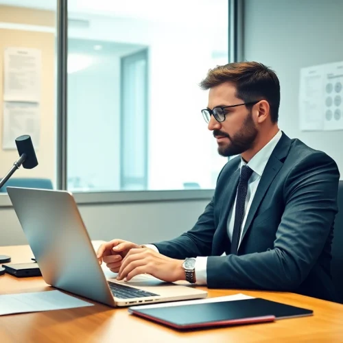 Headhunter Düsseldorf arbeitet an Bewerbungsunterlagen in modernem Büro.