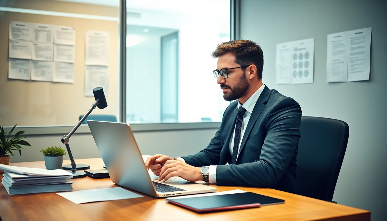 Headhunter Düsseldorf arbeitet an Bewerbungsunterlagen in modernem Büro.