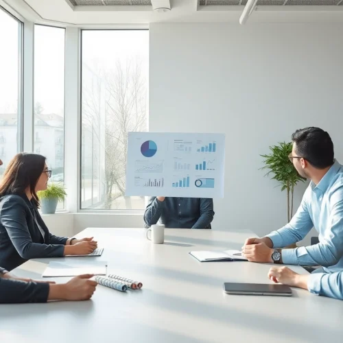 Headhunter Rostock präsentiert Lösungen in einem modernen Büro mit Teamdiskussionen.