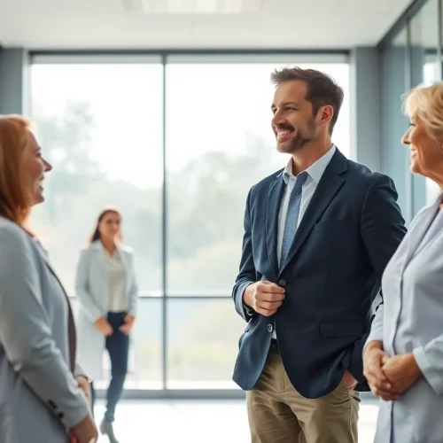 Headhunter Pflegekräfte im Gespräch mit erfahrenen Pflegekräften in einem modernen Büro-Setting.