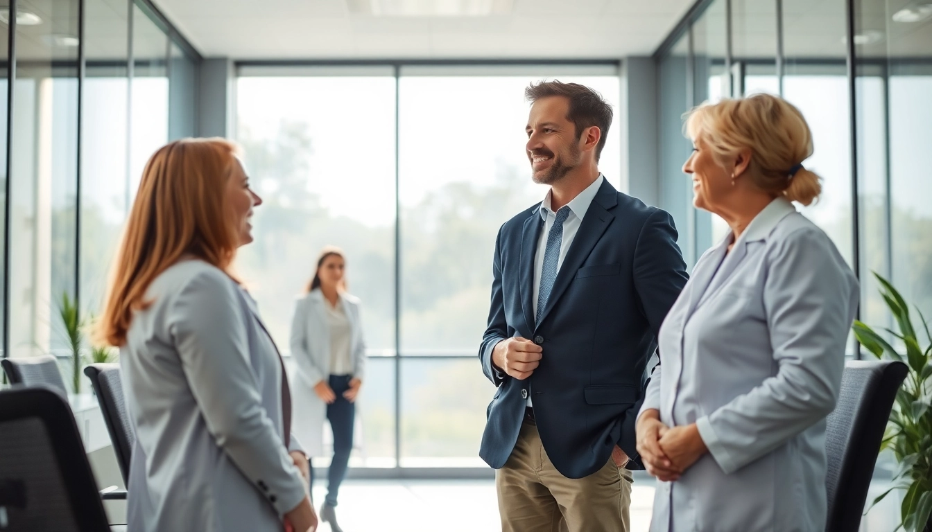 Headhunter Pflegekräfte im Gespräch mit erfahrenen Pflegekräften in einem modernen Büro-Setting.