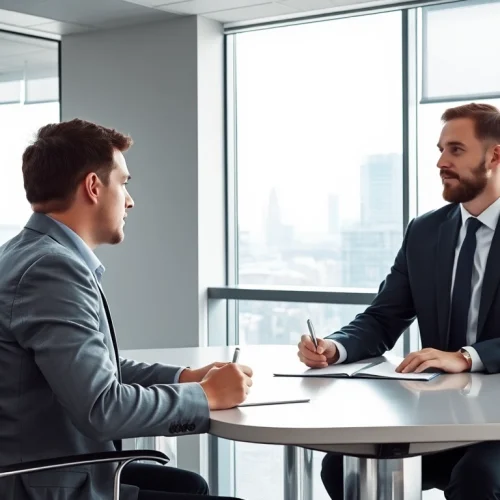 Headhunter München: Dynamisches Gespräch zwischen Headhunter und Bewerber in modernem Büro mit Blick auf die Stadt.