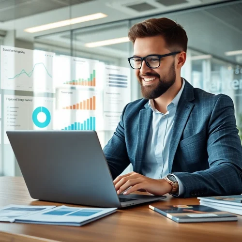 Headhunter IT analysiert Bewerberdaten in modernem Büro mit Laptop und Recruiting-Tools.