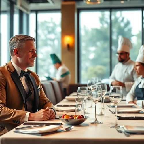 Headhunter Gastronomie in einem eleganten Restaurant, der mit Köchen über kreative Ideen spricht.