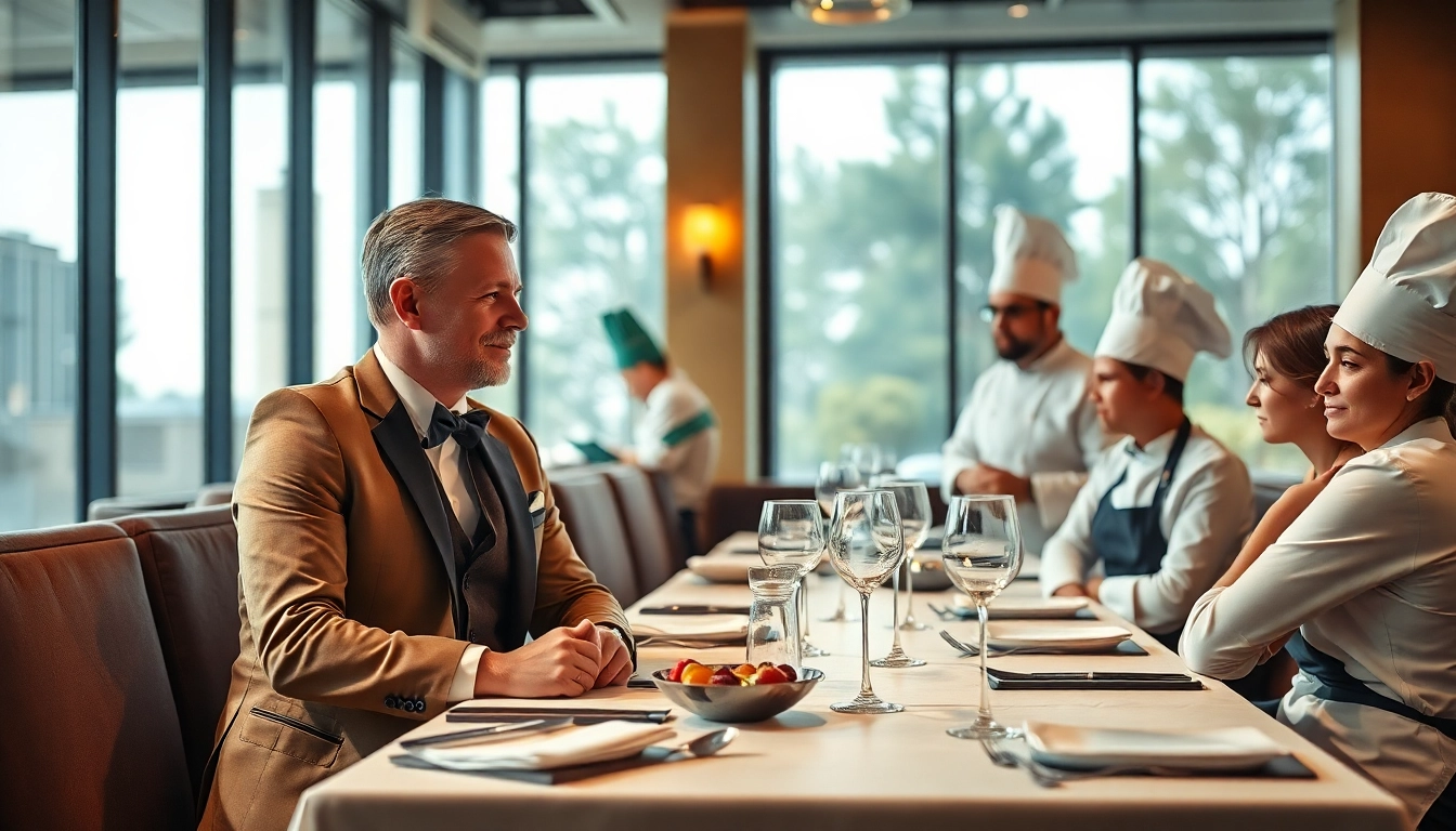 Headhunter Gastronomie in einem eleganten Restaurant, der mit Köchen über kreative Ideen spricht.