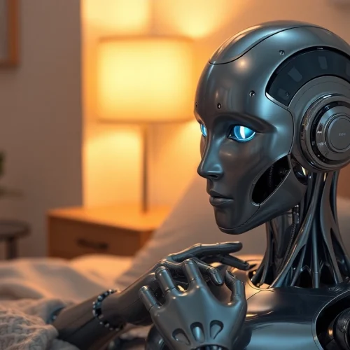 AI sex bot interacting warmly in a modern intimate setting, showcasing advanced emotional design.