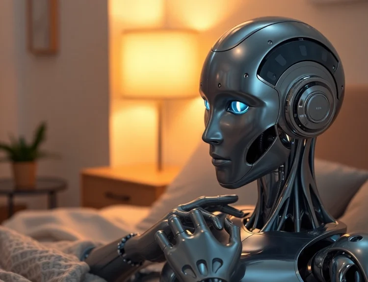 AI sex bot interacting warmly in a modern intimate setting, showcasing advanced emotional design.