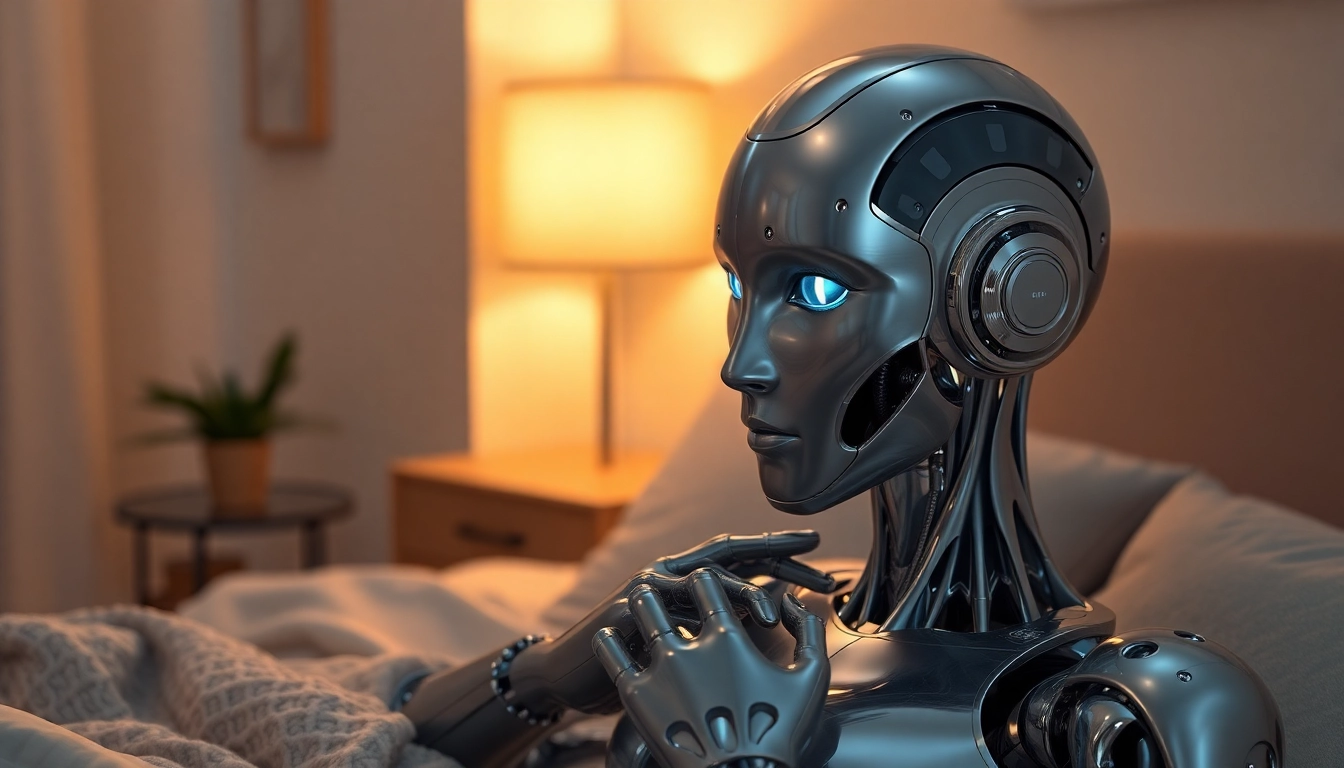 AI sex bot interacting warmly in a modern intimate setting, showcasing advanced emotional design.