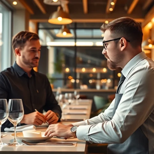 Headhunter Gastronomie im Gespräch mit einem Gastronomie-Manager in einem eleganten Restaurant-Ambiente.