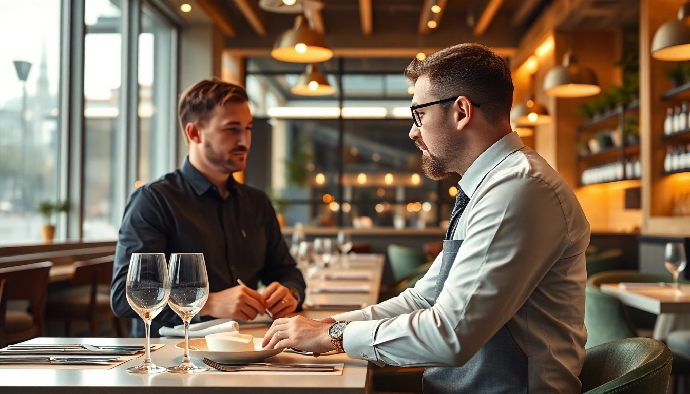 Headhunter Gastronomie im Gespräch mit einem Gastronomie-Manager in einem eleganten Restaurant-Ambiente.