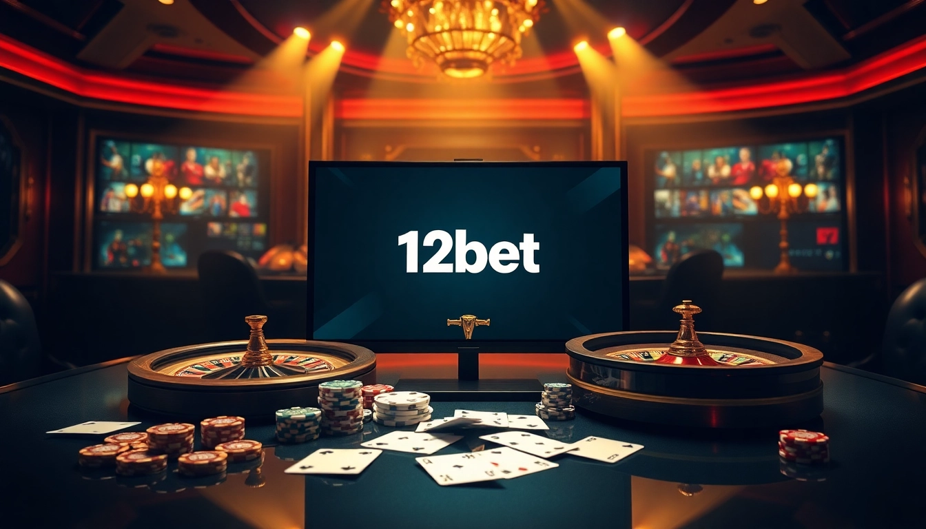 Engage with link 12bet through a luxurious online gambling interface featuring vibrant casino elements.