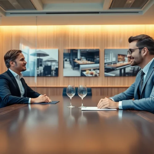Headhunter Gastronomie berät einen Kunden in einem modernen Büro über Karrierechancen.