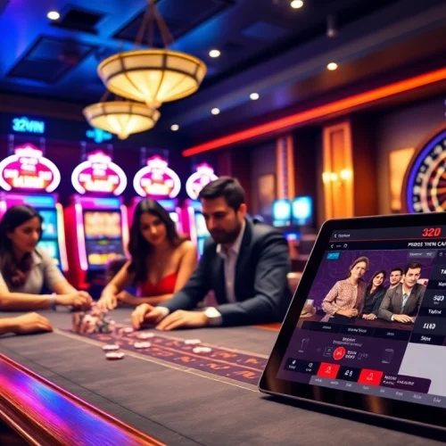 Players enjoying high-stakes poker at 32WIN's luxurious casino, vibrant atmosphere