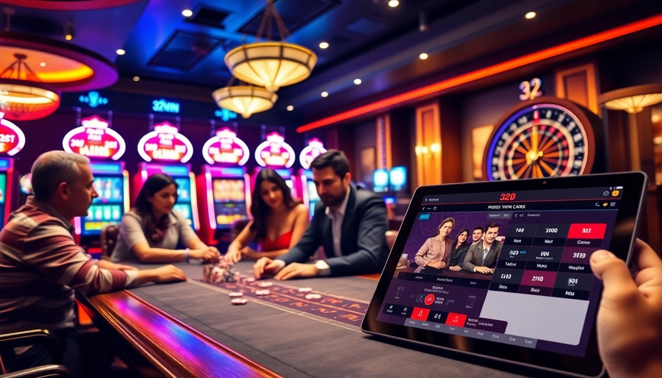 Players enjoying high-stakes poker at 32WIN's luxurious casino, vibrant atmosphere