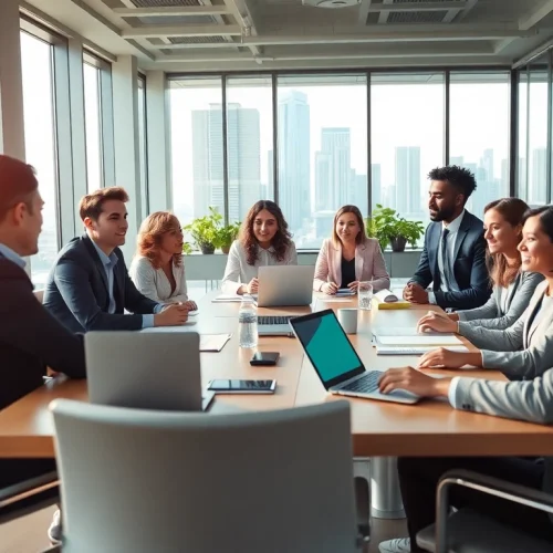 Effiziente Teamarbeit eines Headhunter Schweiz in einem modernen Büroumfeld während einer Rekrutierungsdiskussion.