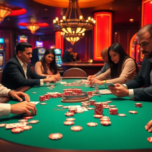 Players strategizing at the b52 club poker table with vibrant chips and intense gameplay.