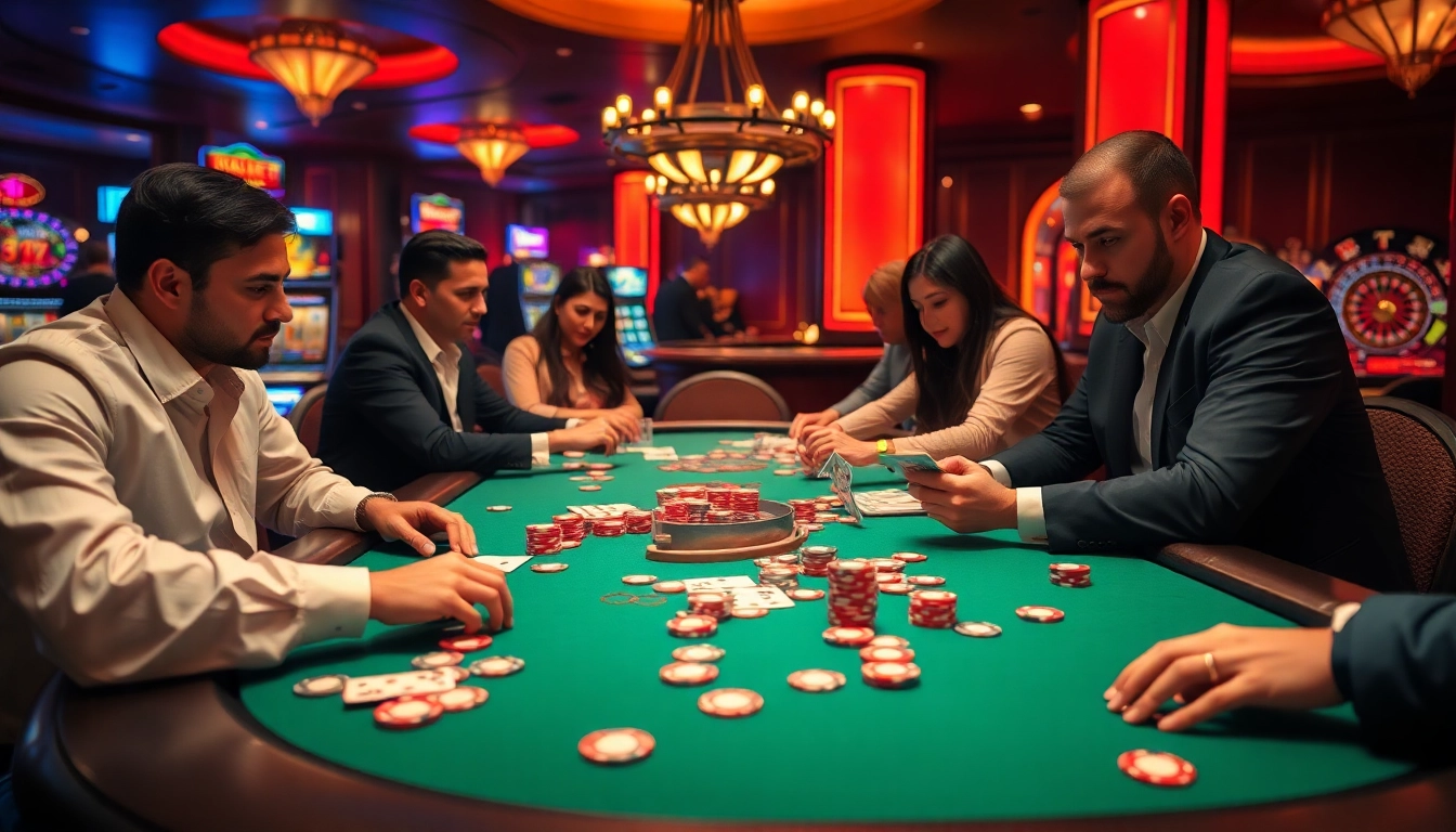 Players strategizing at the b52 club poker table with vibrant chips and intense gameplay.