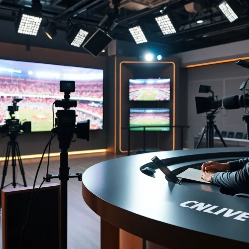 Engaging sports broadcasting scene with an anchor presenting live coverage