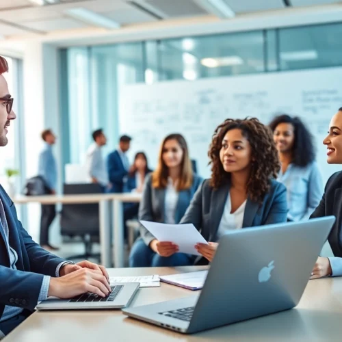 Headhunter IT in a professional environment, engaging with job candidates effectively.