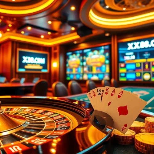 Experience the excitement of XX88.COM with a vibrant casino scene featuring roulette and poker games.