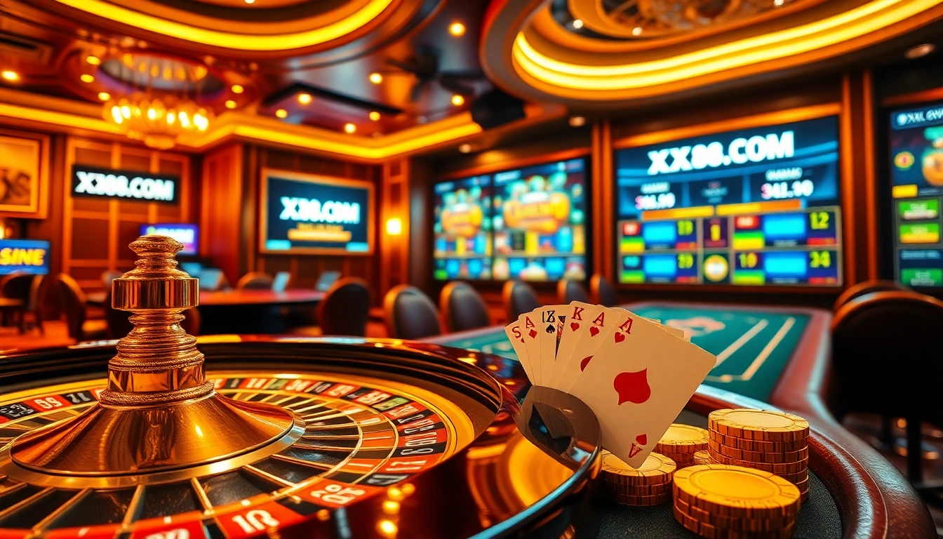 Experience the excitement of XX88.COM with a vibrant casino scene featuring roulette and poker games.